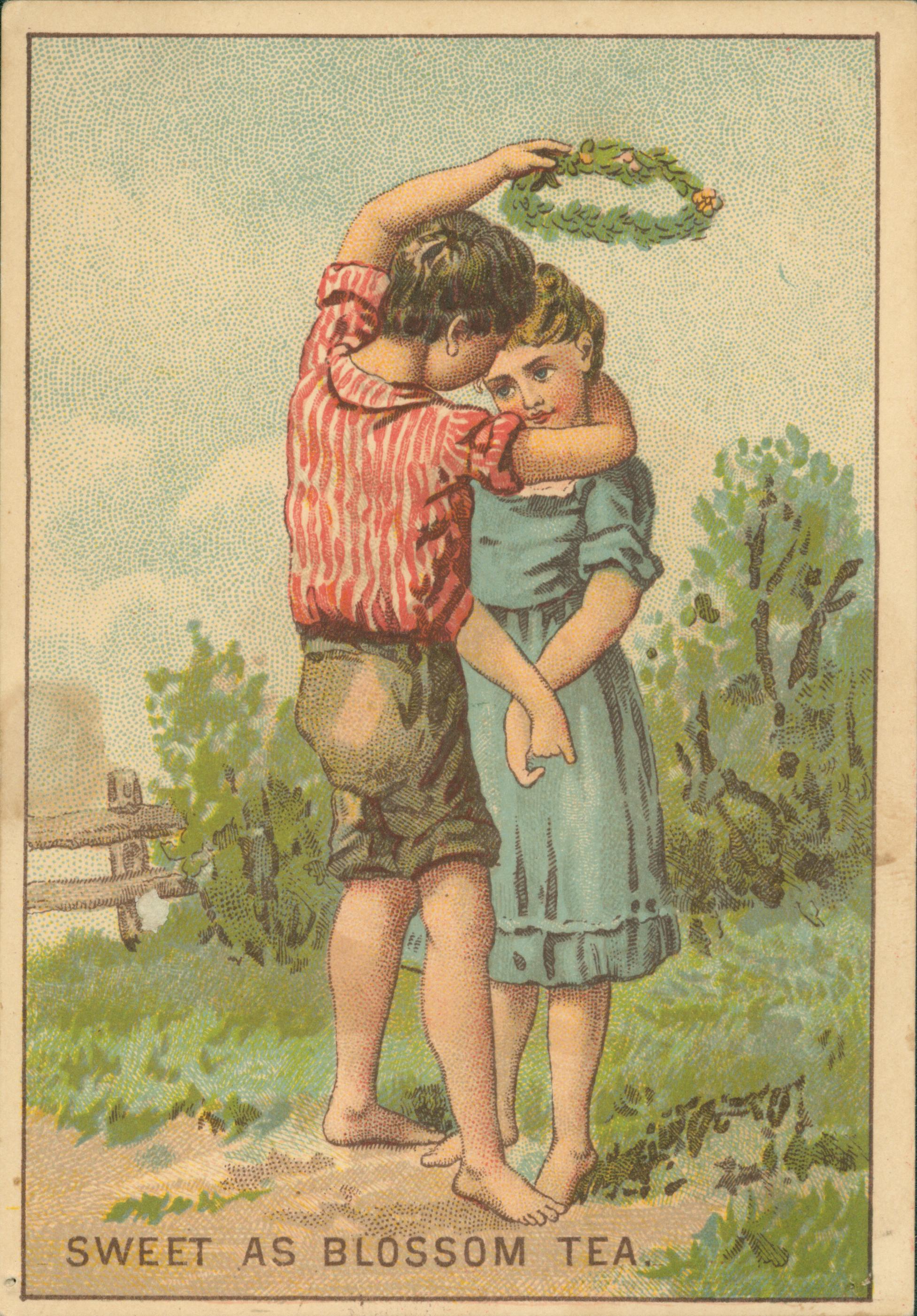 This trade card shows a boy embracing a girl while preparing to crown her with a wreath.